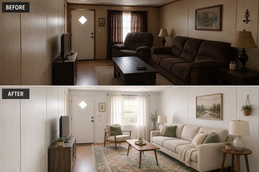 Before-and-after concept of a narrow mobile home living room with oversized dark furniture replaced by lighter, appropriately scaled furniture and a colorful area rug.