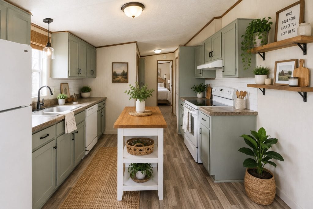 AI-generated concept of a narrow mobile home kitchen with sage green cabinets, updated flooring, open shelves and a small center island.