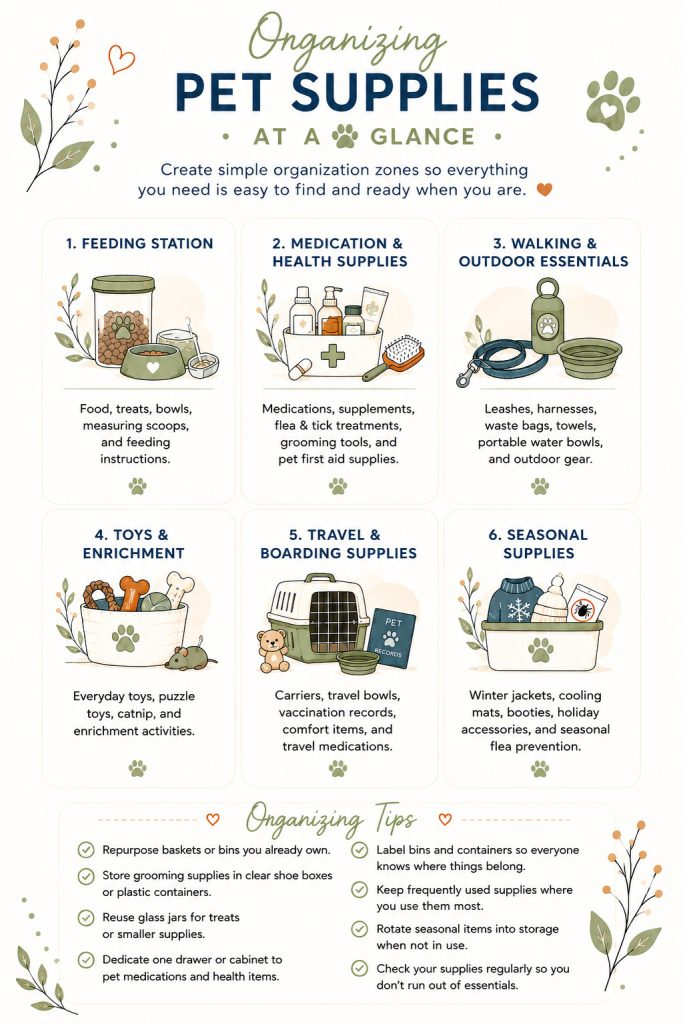 The Ultimate Guide to Pet Organization with tips for organizing pet records, supplies, emergency planning, daily routines, and pet sitter information.