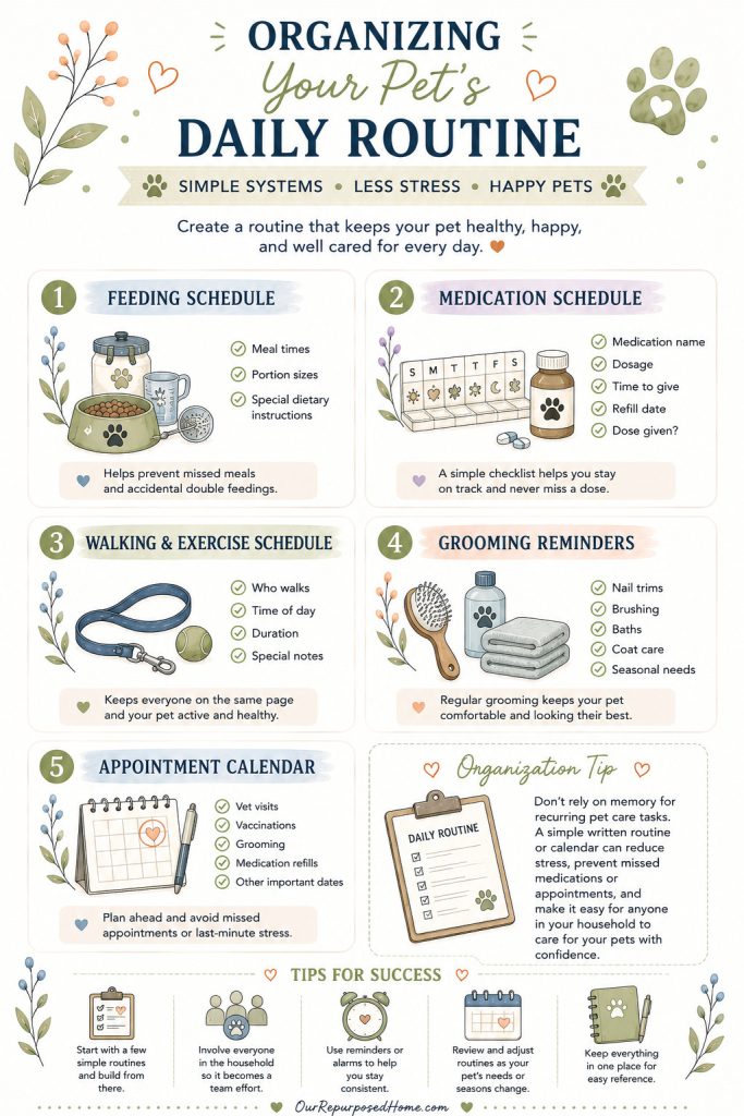 The Ultimate Guide to Pet Organization with tips for organizing pet records, supplies, emergency planning, daily routines, and pet sitter information.