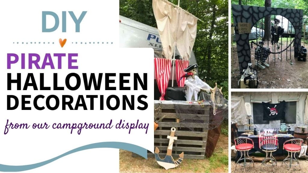 DIY pirate Halloween decorations featuring a handmade pirate ship, pirate jail, pirate bar, and themed campsite display created for a family Halloween celebration.