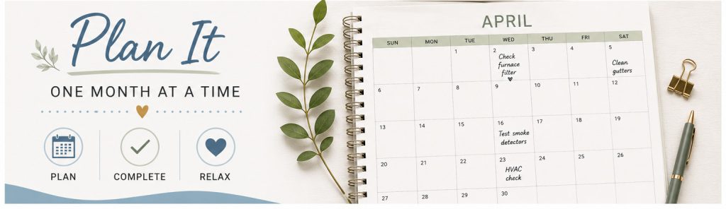 A simple home maintenance planner showing a monthly calendar and organized maintenance routine to help homeowners stay on top of seasonal home maintenance tasks.