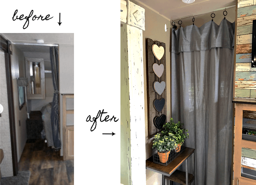 RV reno before and after of the bedroom doorway