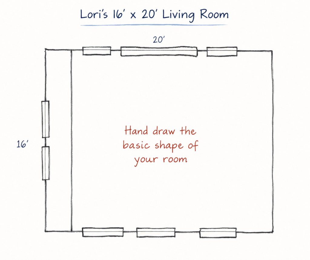Hand-drawn basic shape of a 16 by 20 foot living room showing windows, doorway, and built-ins.