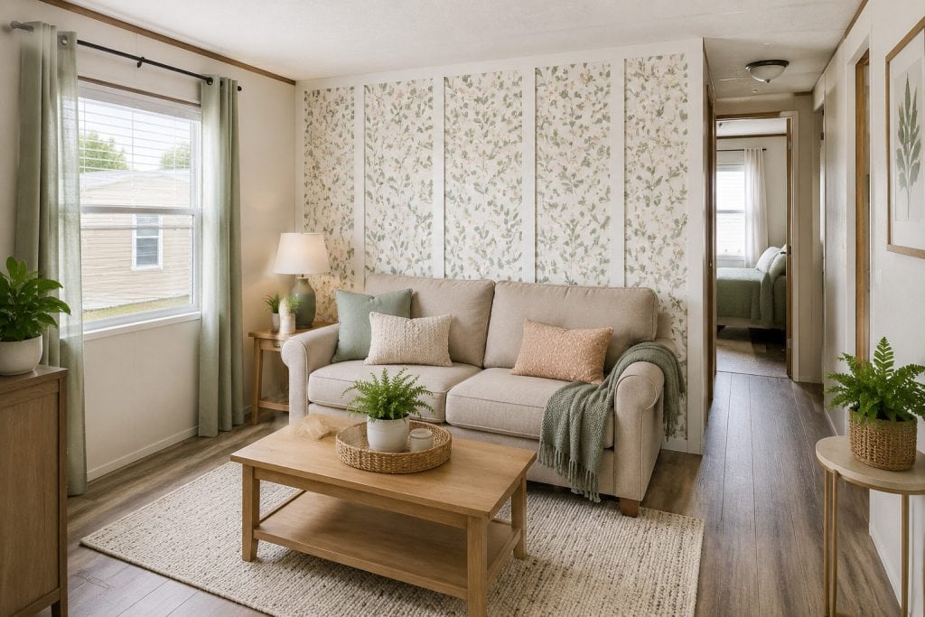 Mobile home living room with botanical wallpaper installed between the existing wall battens.